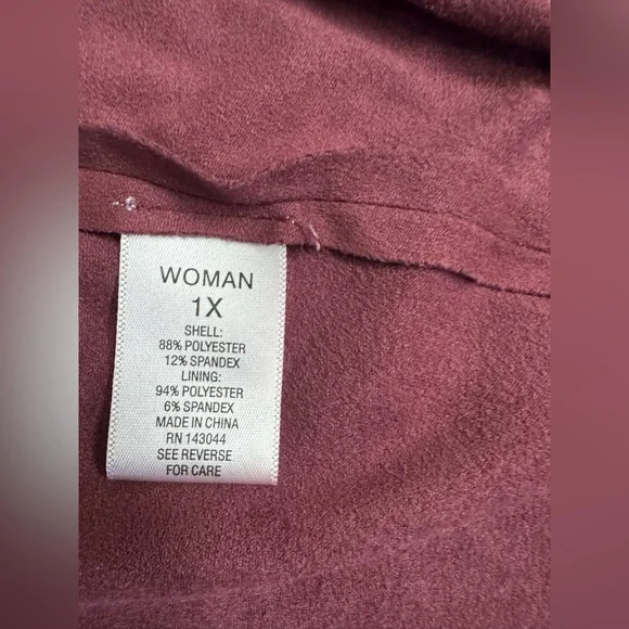 Dressbarn 1X Burgundy Faux Suede Drape Jacket Cardigan | Zipper Pockets - Picture 5 of 8